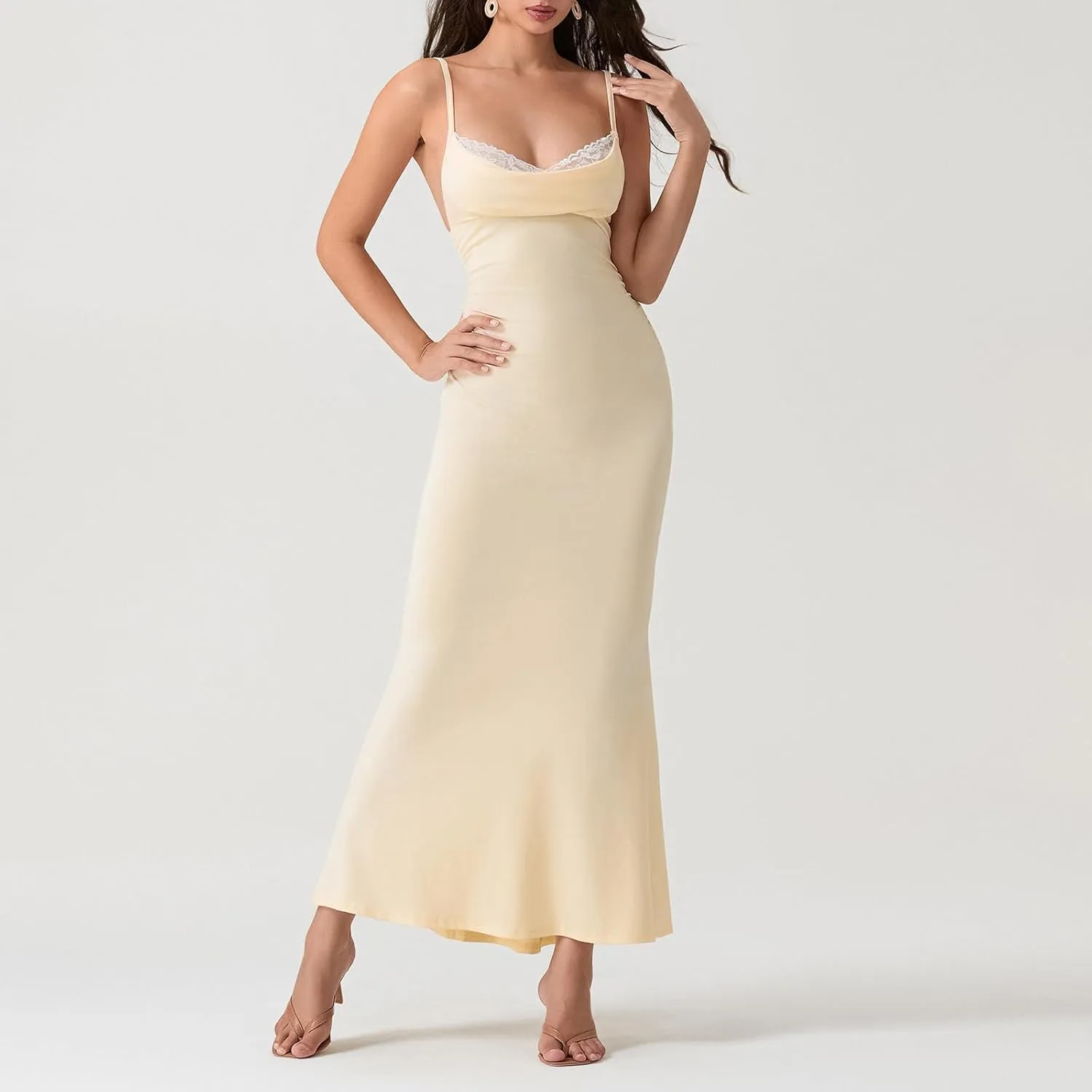 Women Spaghetti Strap Long Dress Casual Backless Lace Patchwork Bodycon Maxi Dress Elegant Party Evening Dress