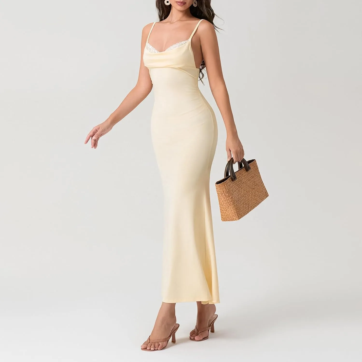 Women Spaghetti Strap Long Dress Casual Backless Lace Patchwork Bodycon Maxi Dress Elegant Party Evening Dress