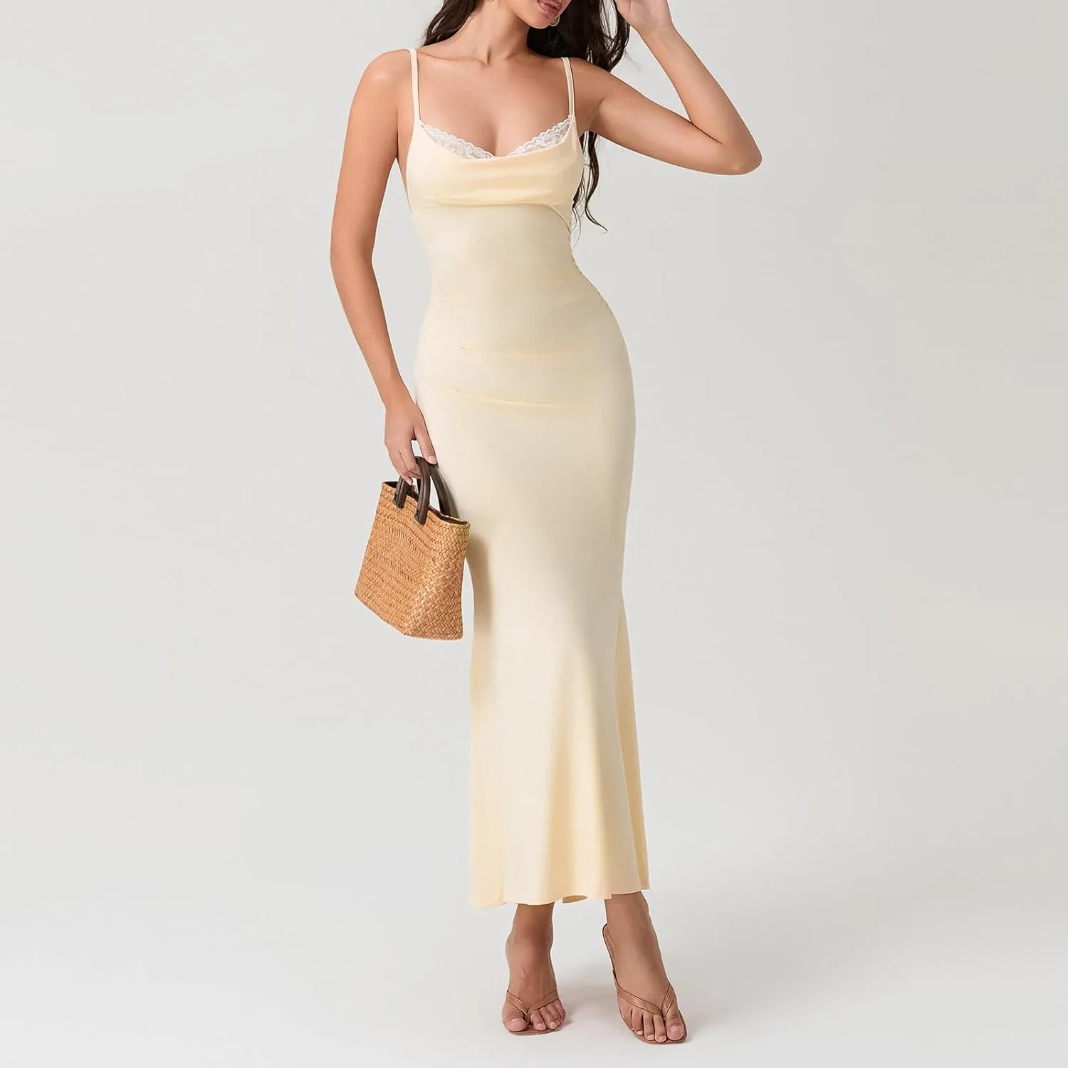 Women Spaghetti Strap Long Dress Casual Backless Lace Patchwork Bodycon Maxi Dress Elegant Party Evening Dress