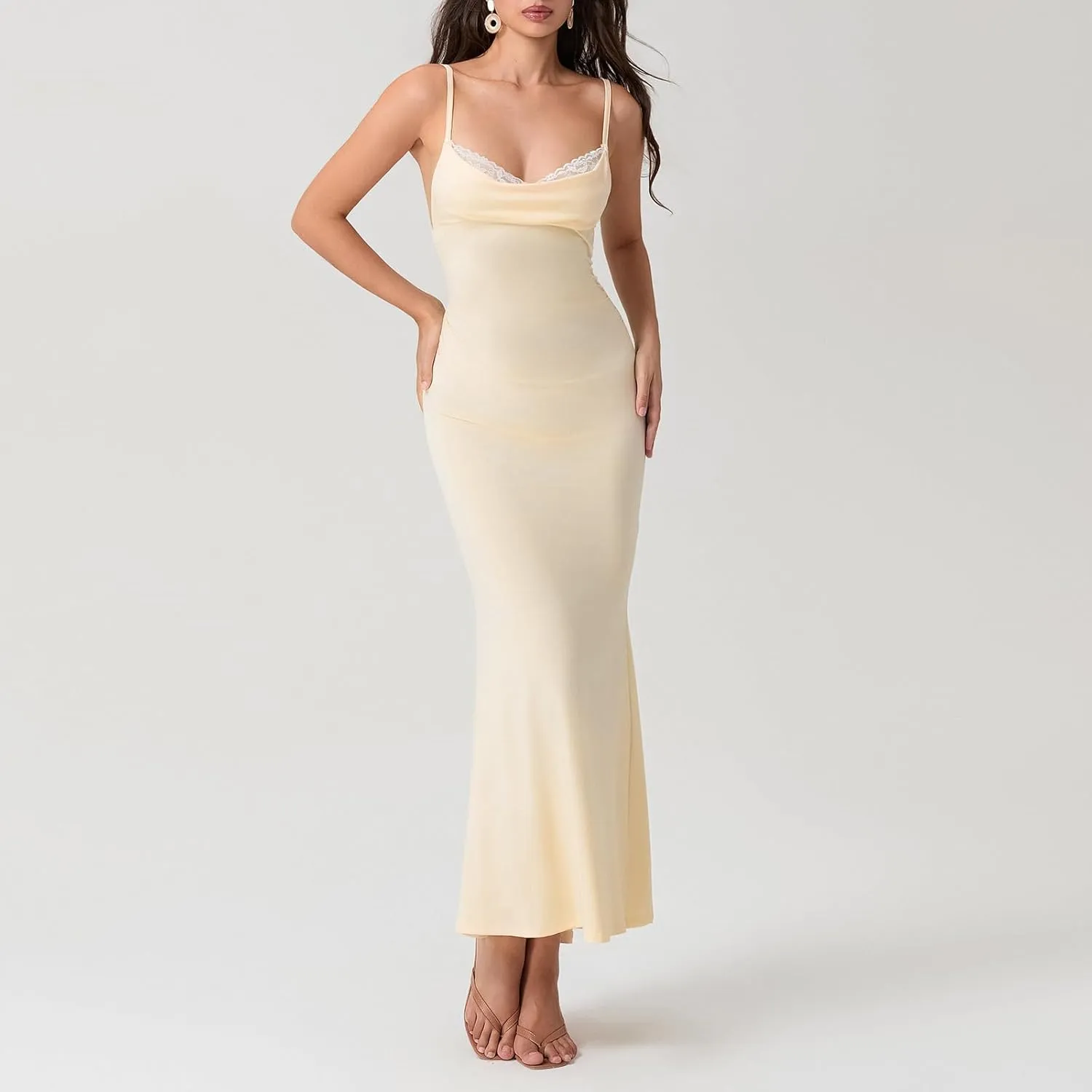 Women Spaghetti Strap Long Dress Casual Backless Lace Patchwork Bodycon Maxi Dress Elegant Party Evening Dress