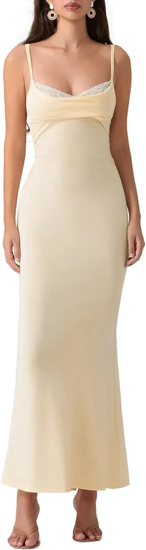 Women Spaghetti Strap Long Dress Casual Backless Lace Patchwork Bodycon Maxi Dress Elegant Party Evening Dress