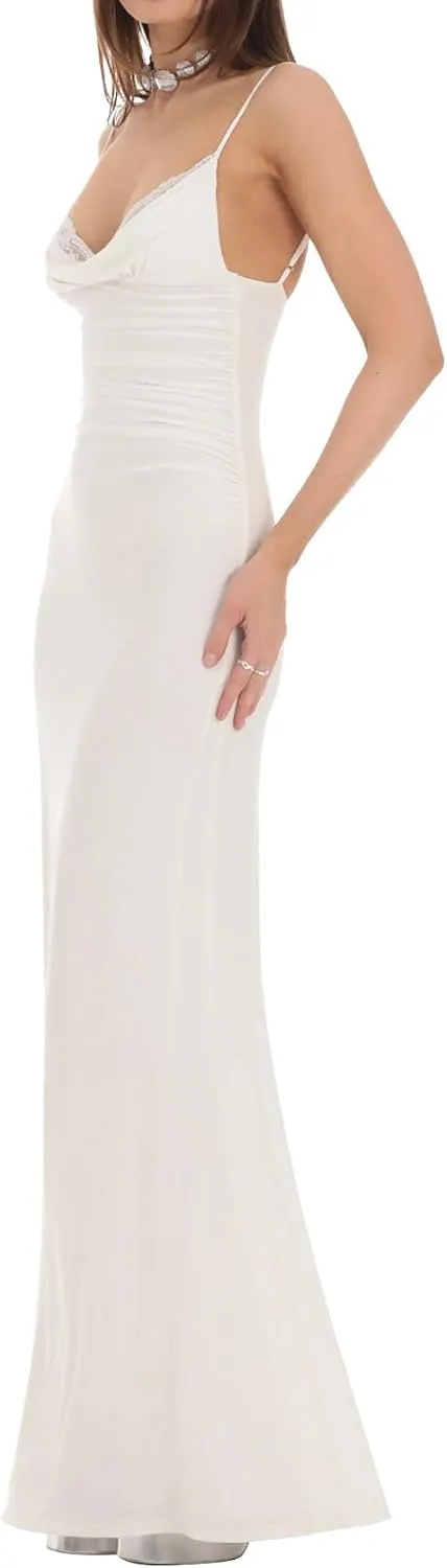 Women Spaghetti Strap Long Dress Casual Backless Lace Patchwork Bodycon Maxi Dress Elegant Party Evening Dress