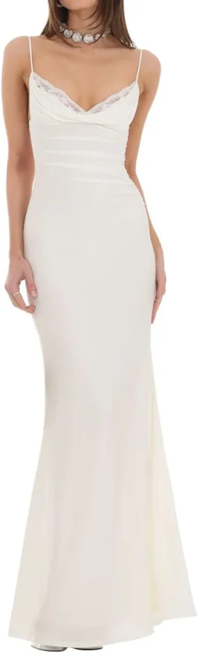 Women Spaghetti Strap Long Dress Casual Backless Lace Patchwork Bodycon Maxi Dress Elegant Party Evening Dress