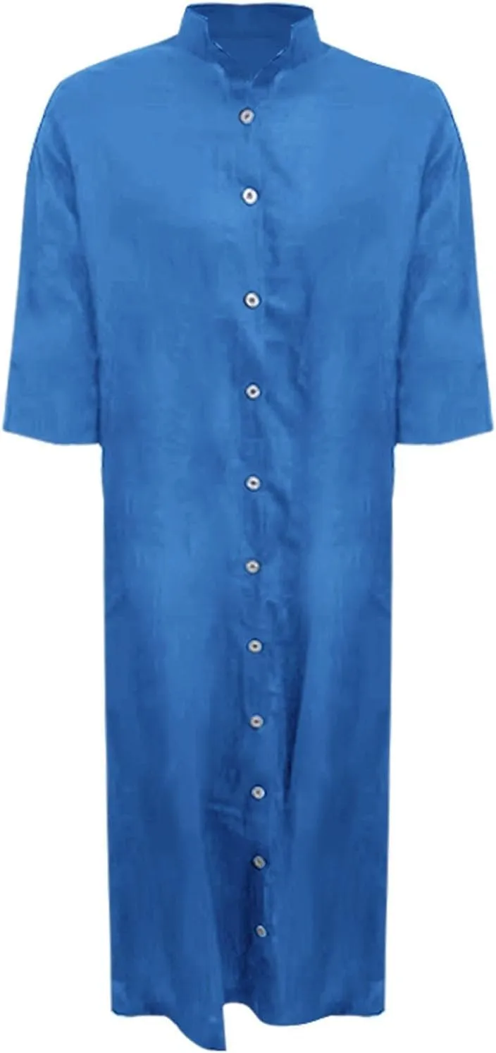 Womens Button Down Rolled-Up Sleeve Long Cotton Linen Blouse Maxi Dress Loose Casual Shirt Swimsuit Cover Up Dresses