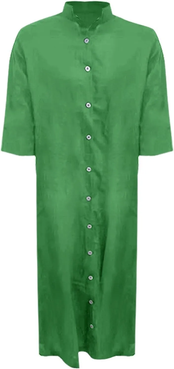 Womens Button Down Rolled-Up Sleeve Long Cotton Linen Blouse Maxi Dress Loose Casual Shirt Swimsuit Cover Up Dresses