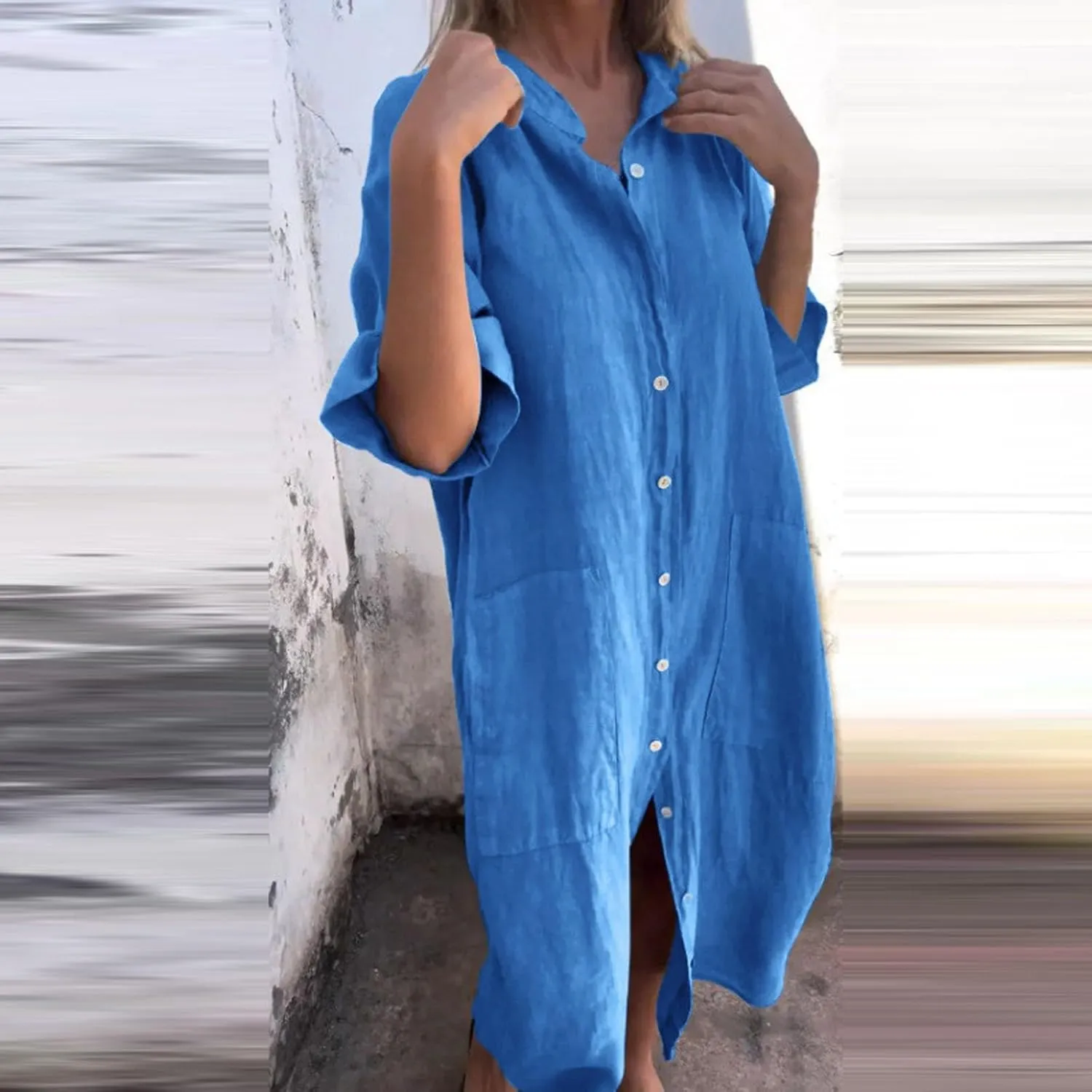 Womens Button Down Rolled-Up Sleeve Long Cotton Linen Blouse Maxi Dress Loose Casual Shirt Swimsuit Cover Up Dresses