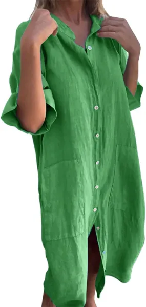 Womens Button Down Rolled-Up Sleeve Long Cotton Linen Blouse Maxi Dress Loose Casual Shirt Swimsuit Cover Up Dresses