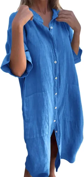 Womens Button Down Rolled-Up Sleeve Long Cotton Linen Blouse Maxi Dress Loose Casual Shirt Swimsuit Cover Up Dresses