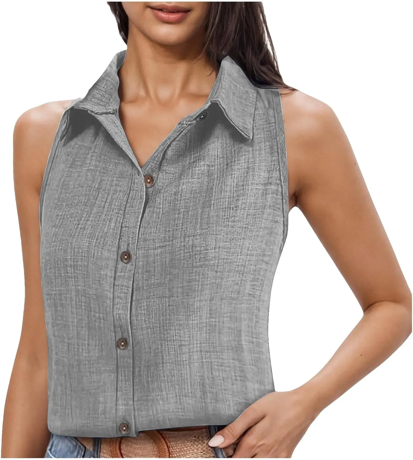 Women's Button-Front Sleeveless Blouse - Lightweight Linen Summer Top, Relaxed Fit & Breathable Design