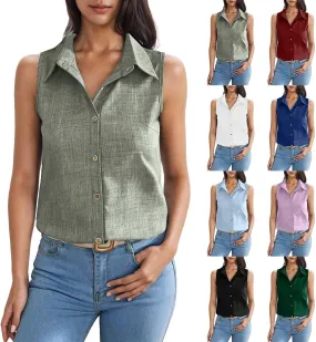Women's Button-Front Sleeveless Blouse - Lightweight Linen Summer Top, Relaxed Fit & Breathable Design