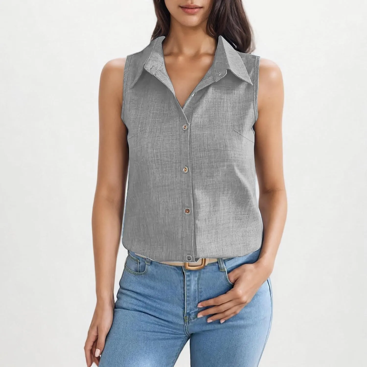 Women's Button-Front Sleeveless Blouse - Lightweight Linen Summer Top, Relaxed Fit & Breathable Design