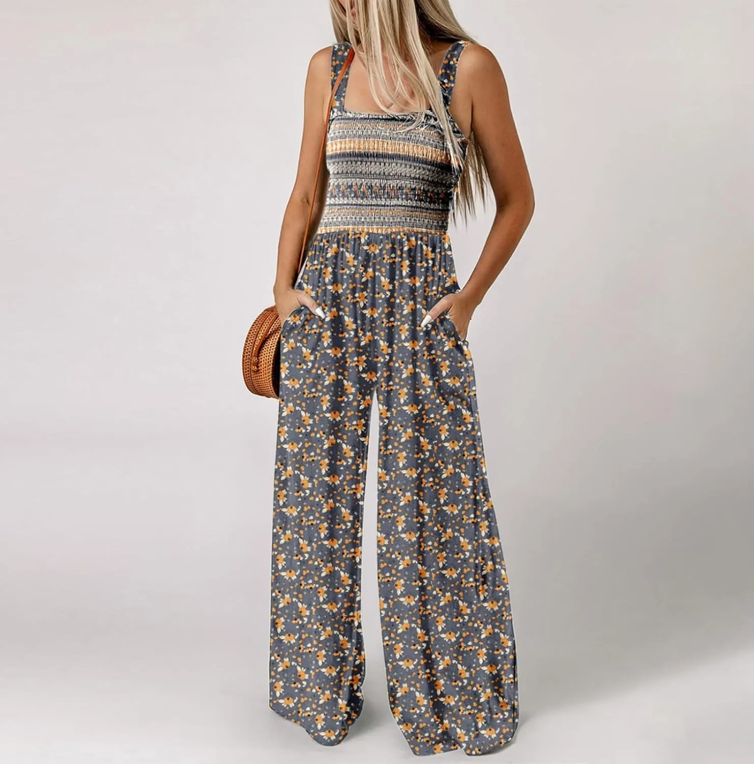 Women's Casual Loose Overalls Jumpsuits Sleeveless Boho Floral Wide Leg Long Pant Smocked Rompers with Pockets