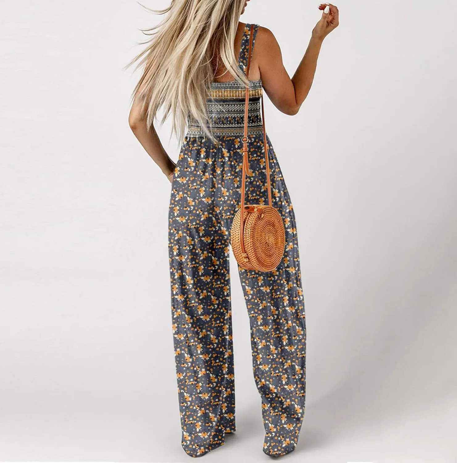 Women's Casual Loose Overalls Jumpsuits Sleeveless Boho Floral Wide Leg Long Pant Smocked Rompers with Pockets
