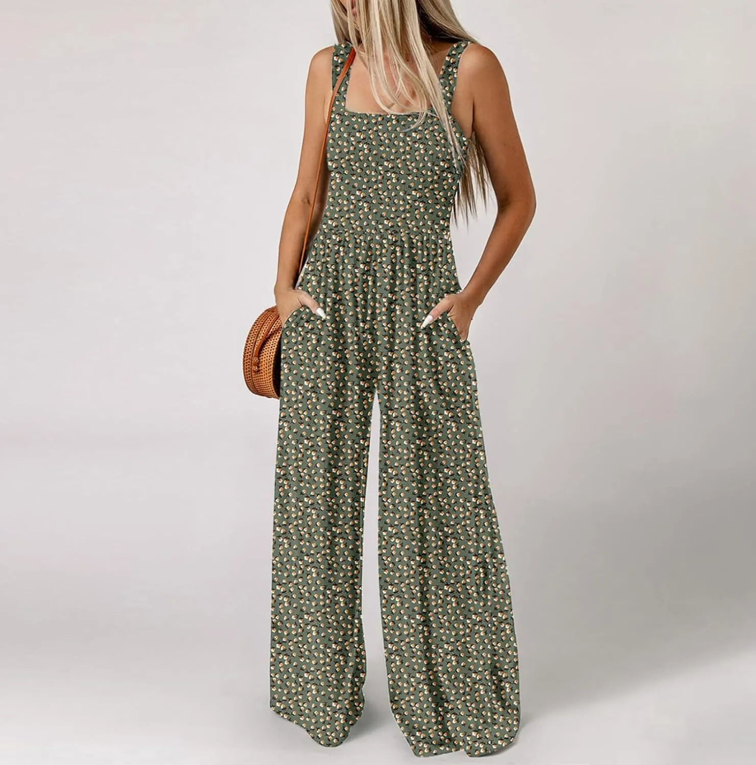 Women's Casual Loose Overalls Jumpsuits Sleeveless Boho Floral Wide Leg Long Pant Smocked Rompers with Pockets