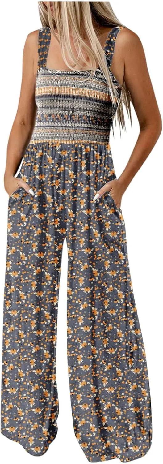 Women's Casual Loose Overalls Jumpsuits Sleeveless Boho Floral Wide Leg Long Pant Smocked Rompers with Pockets