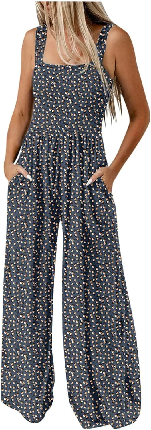 Women's Casual Loose Overalls Jumpsuits Sleeveless Boho Floral Wide Leg Long Pant Smocked Rompers with Pockets