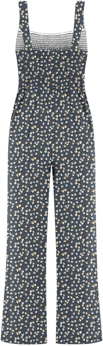 Women's Casual Loose Overalls Jumpsuits Sleeveless Boho Floral Wide Leg Long Pant Smocked Rompers with Pockets