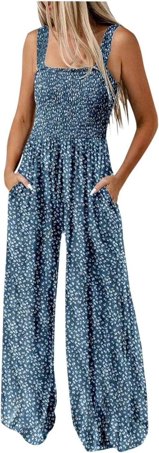Women's Casual Loose Overalls Jumpsuits Sleeveless Boho Floral Wide Leg Long Pant Smocked Rompers with Pockets