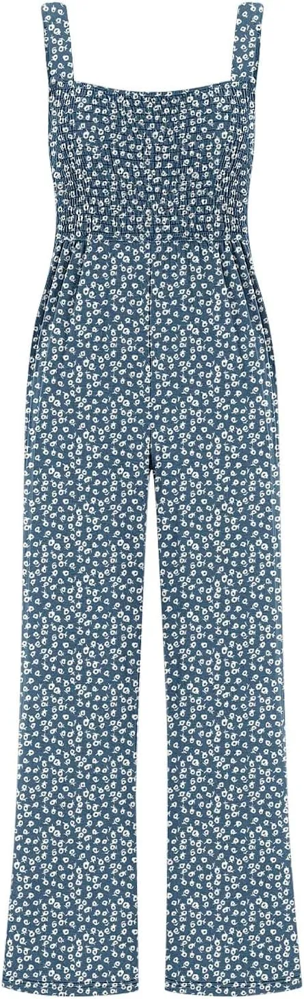 Women's Casual Loose Overalls Jumpsuits Sleeveless Boho Floral Wide Leg Long Pant Smocked Rompers with Pockets