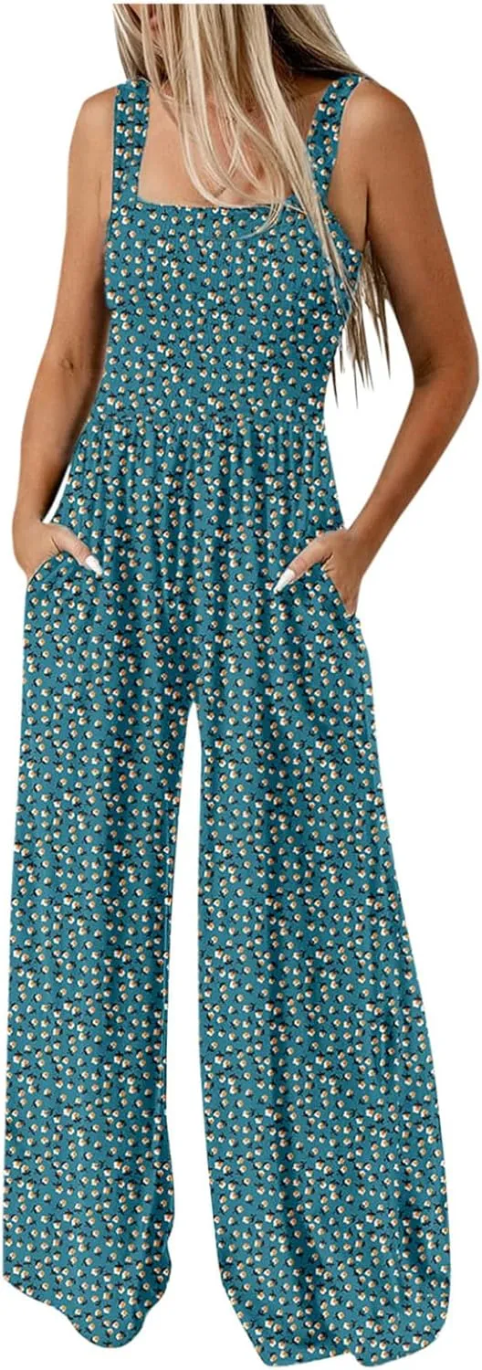 Women's Casual Loose Overalls Jumpsuits Sleeveless Boho Floral Wide Leg Long Pant Smocked Rompers with Pockets