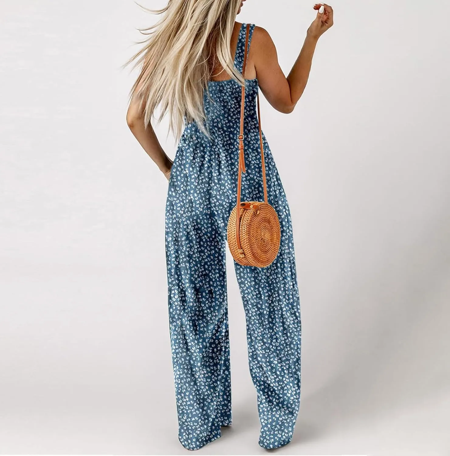 Women's Casual Loose Overalls Jumpsuits Sleeveless Boho Floral Wide Leg Long Pant Smocked Rompers with Pockets