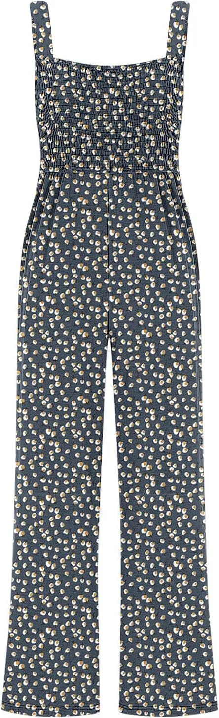 Women's Casual Loose Overalls Jumpsuits Sleeveless Boho Floral Wide Leg Long Pant Smocked Rompers with Pockets