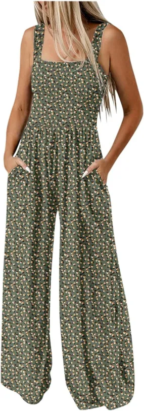 Women's Casual Loose Overalls Jumpsuits Sleeveless Boho Floral Wide Leg Long Pant Smocked Rompers with Pockets