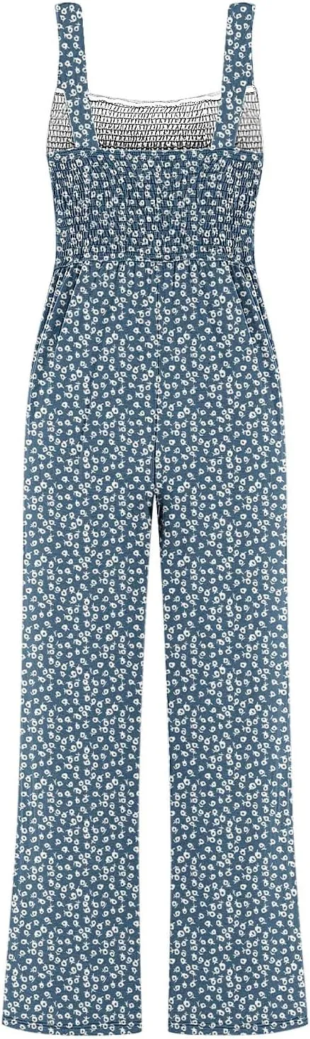 Women's Casual Loose Overalls Jumpsuits Sleeveless Boho Floral Wide Leg Long Pant Smocked Rompers with Pockets