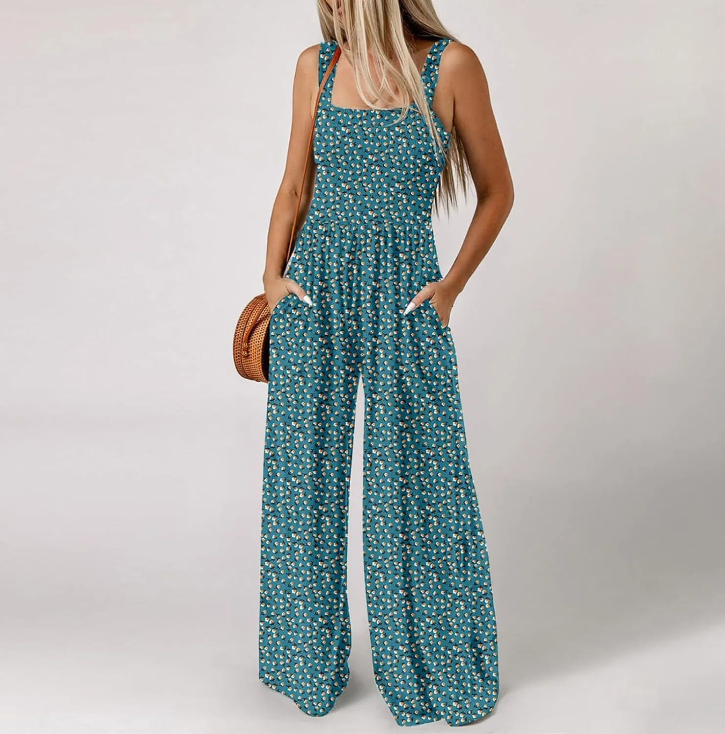 Women's Casual Loose Overalls Jumpsuits Sleeveless Boho Floral Wide Leg Long Pant Smocked Rompers with Pockets
