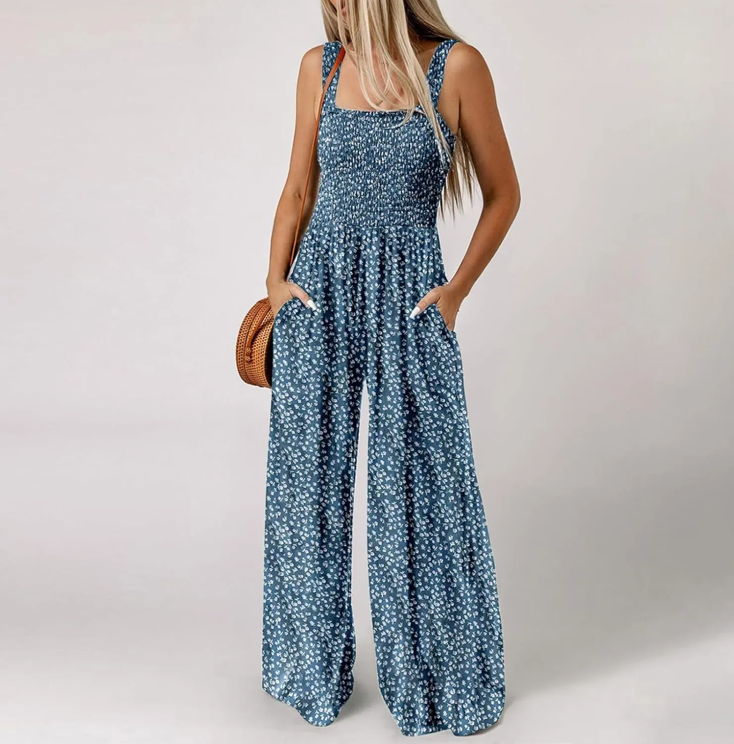 Women's Casual Loose Overalls Jumpsuits Sleeveless Boho Floral Wide Leg Long Pant Smocked Rompers with Pockets