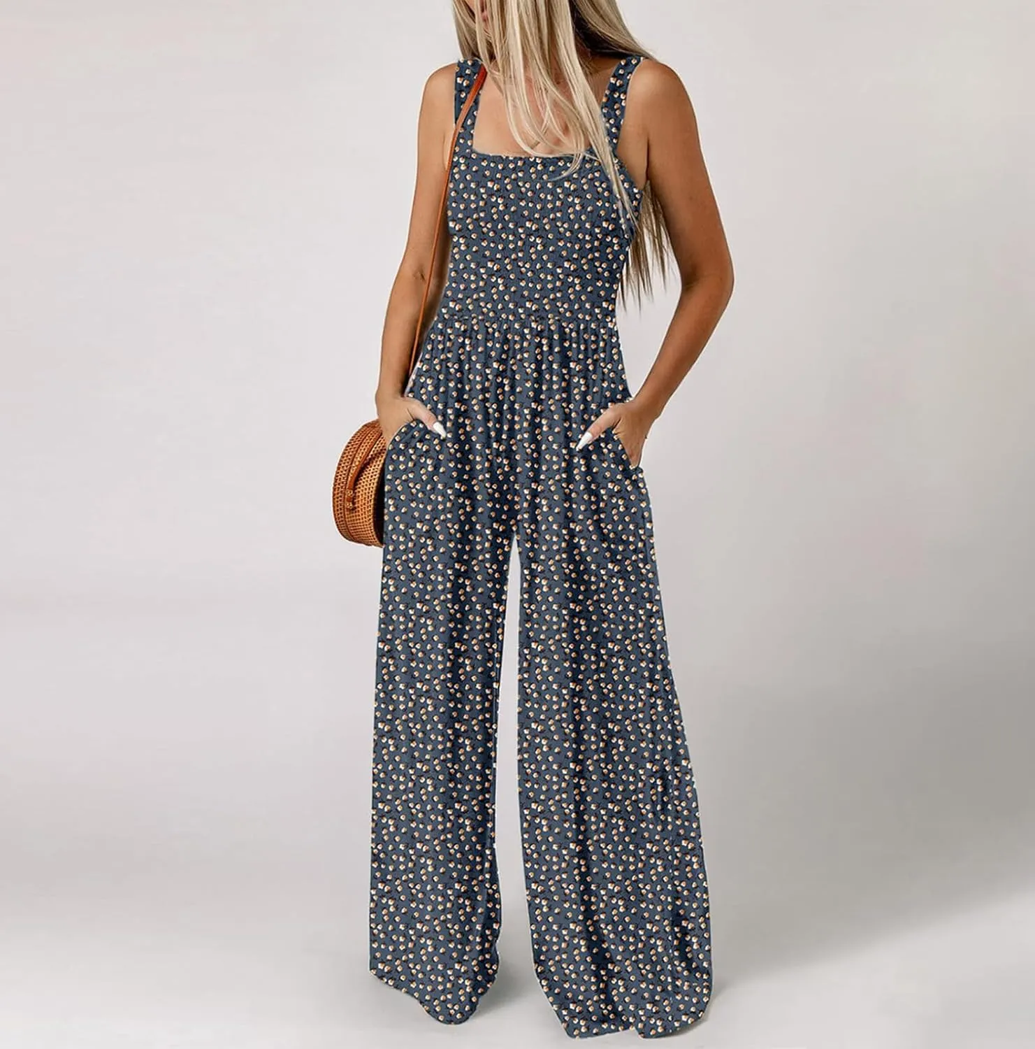 Women's Casual Loose Overalls Jumpsuits Sleeveless Boho Floral Wide Leg Long Pant Smocked Rompers with Pockets