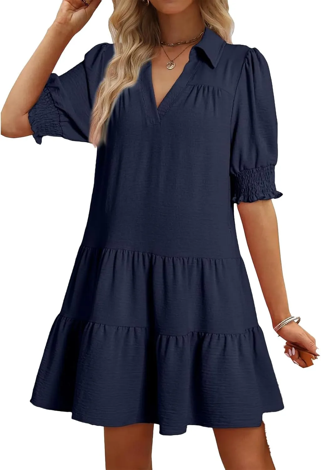 Womens Casual Shirt Dresses Short Sleeve V Neck Lapel Collared Pleated Midi Dress Summer Flowy A-Line Beach Sundress