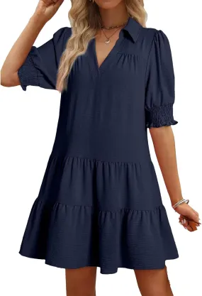 Womens Casual Shirt Dresses Short Sleeve V Neck Lapel Collared Pleated Midi Dress Summer Flowy A-Line Beach Sundress