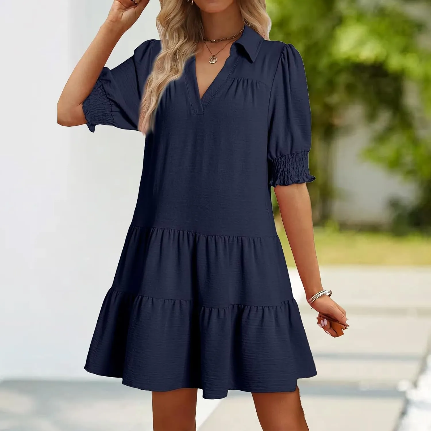 Womens Casual Shirt Dresses Short Sleeve V Neck Lapel Collared Pleated Midi Dress Summer Flowy A-Line Beach Sundress