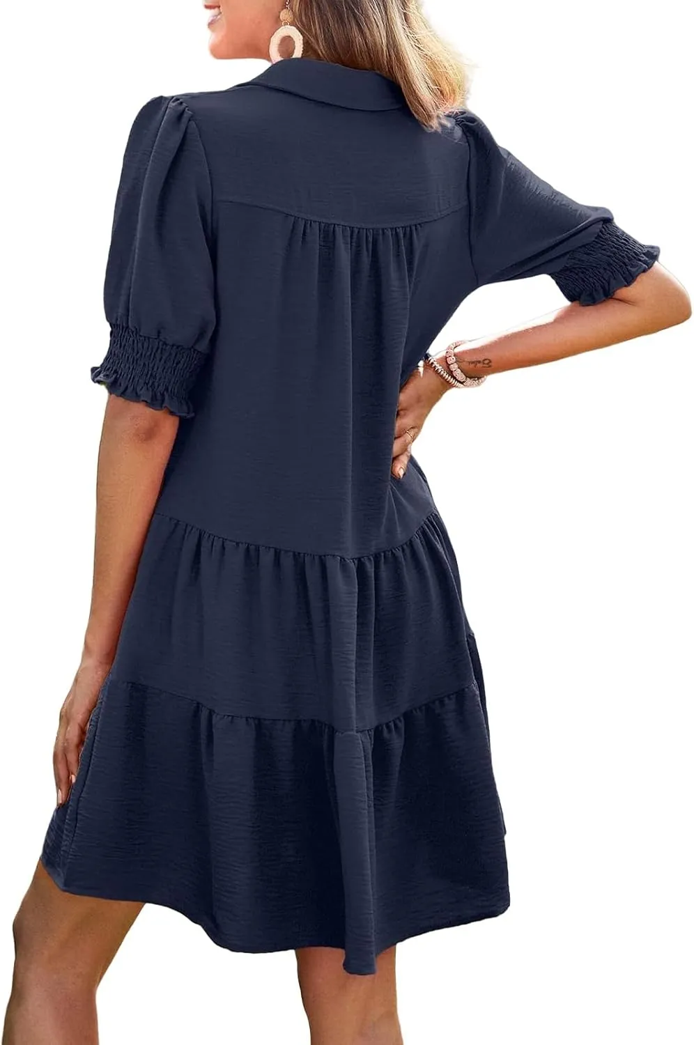 Womens Casual Shirt Dresses Short Sleeve V Neck Lapel Collared Pleated Midi Dress Summer Flowy A-Line Beach Sundress