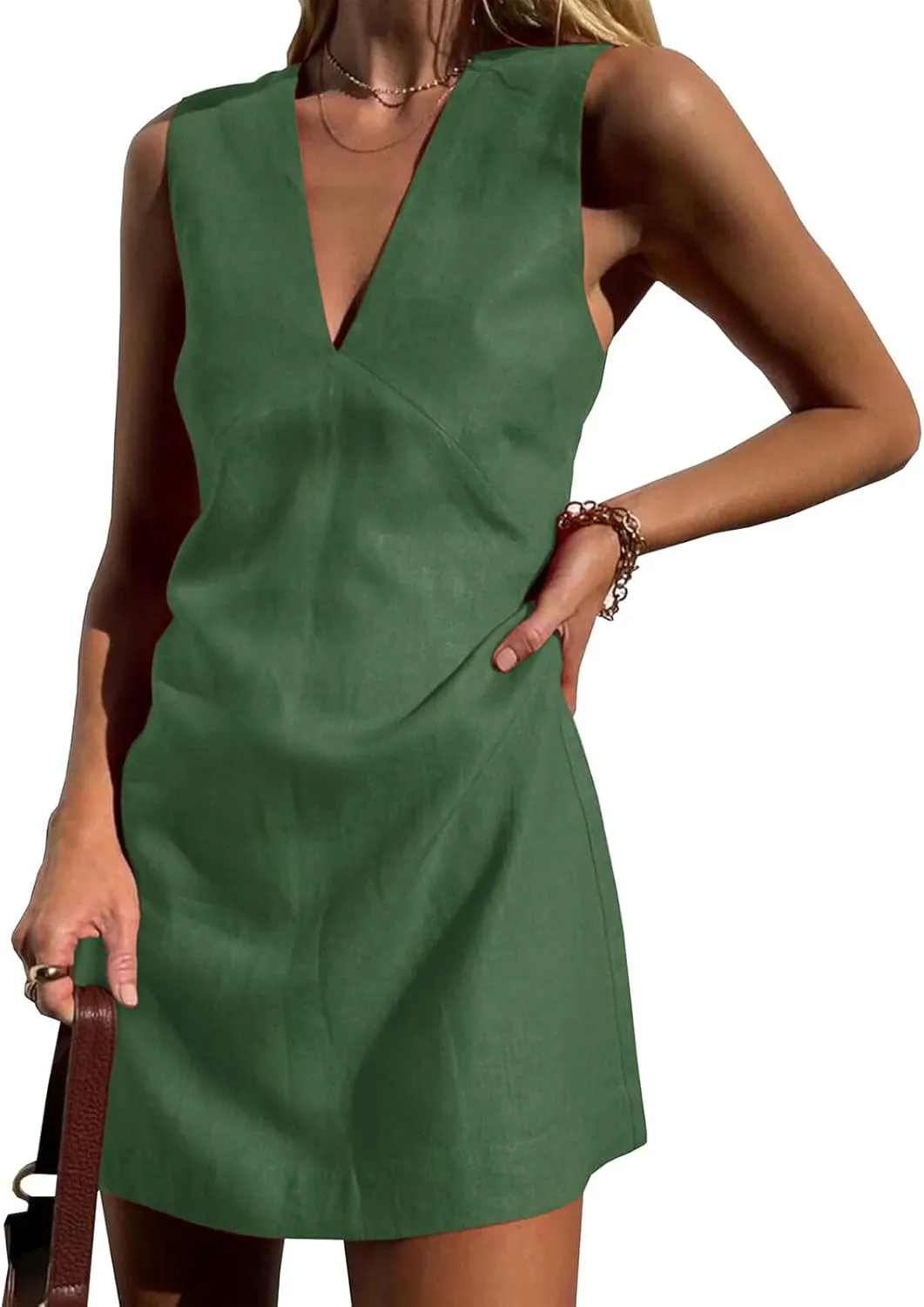 Women's Casual Sleeveless Deep V Neck Tank Tops Summer Beach Mini Dress Cotton Linen Slim Vacation Travel Party Dress