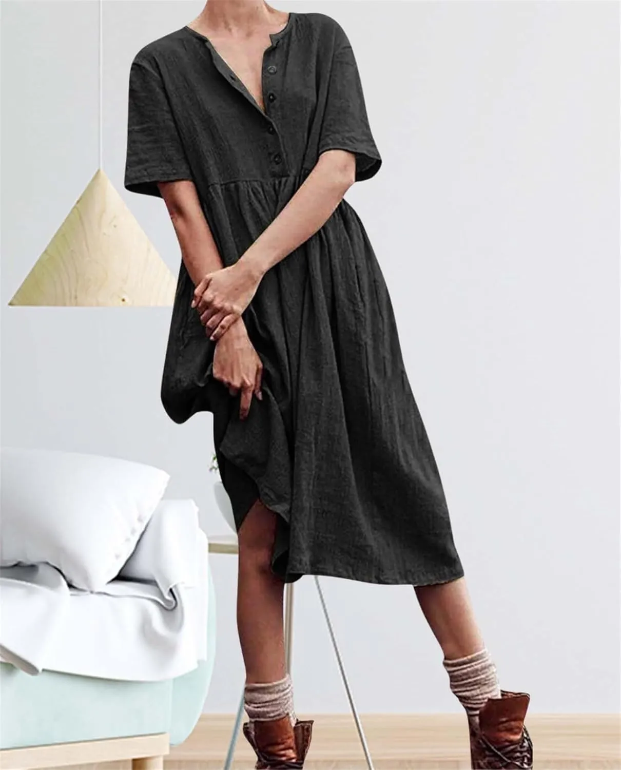 Womens Cotton Linen Midi Dress Button Down Casual Loose Short Sleeve Crew Neck Slim Dresses Cute Beach Flowy Dresses