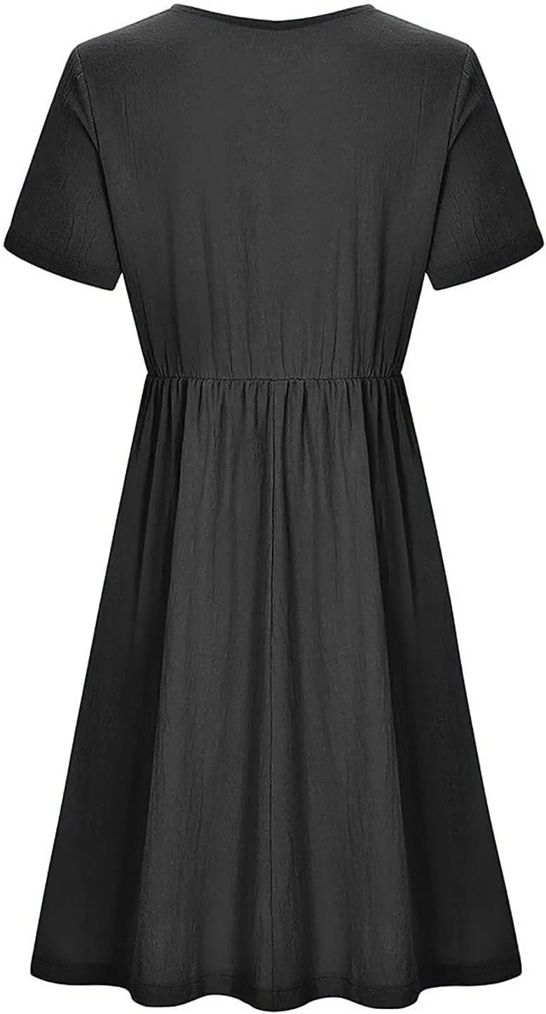 Womens Cotton Linen Midi Dress Button Down Casual Loose Short Sleeve Crew Neck Slim Dresses Cute Beach Flowy Dresses
