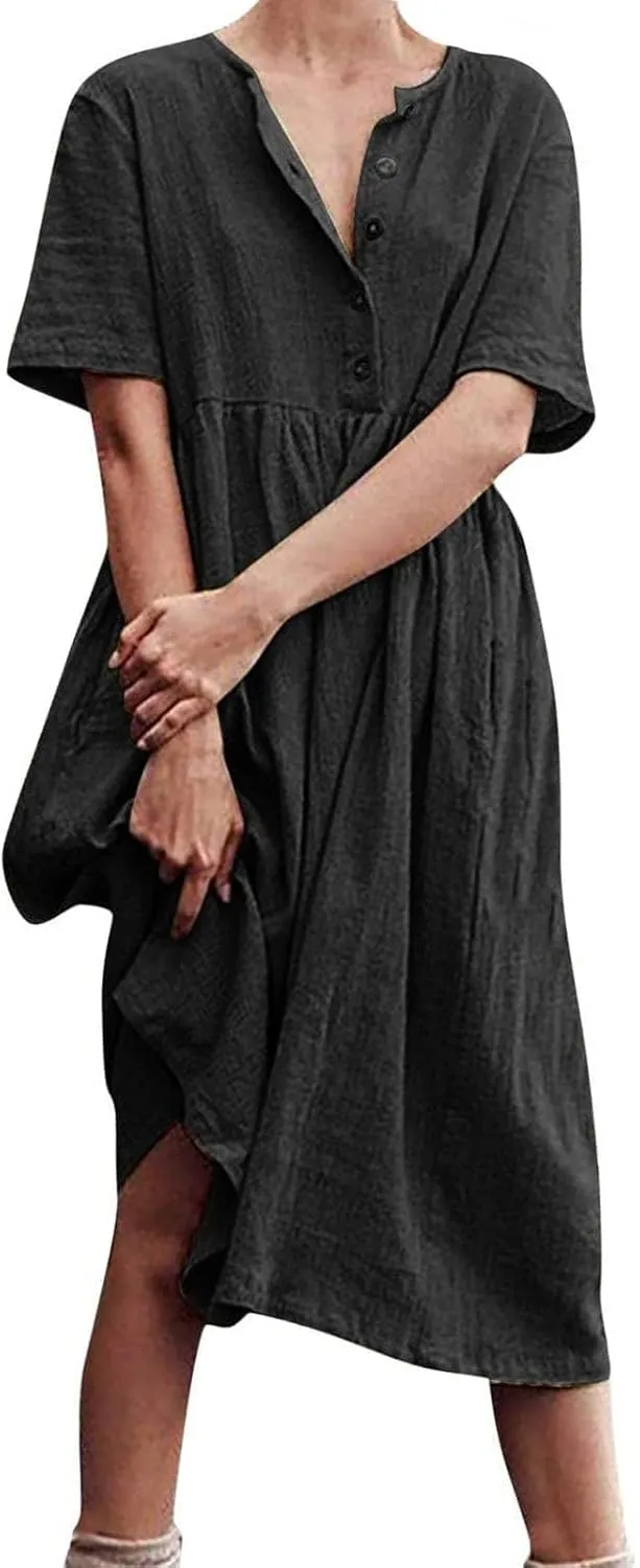 Womens Cotton Linen Midi Dress Button Down Casual Loose Short Sleeve Crew Neck Slim Dresses Cute Beach Flowy Dresses