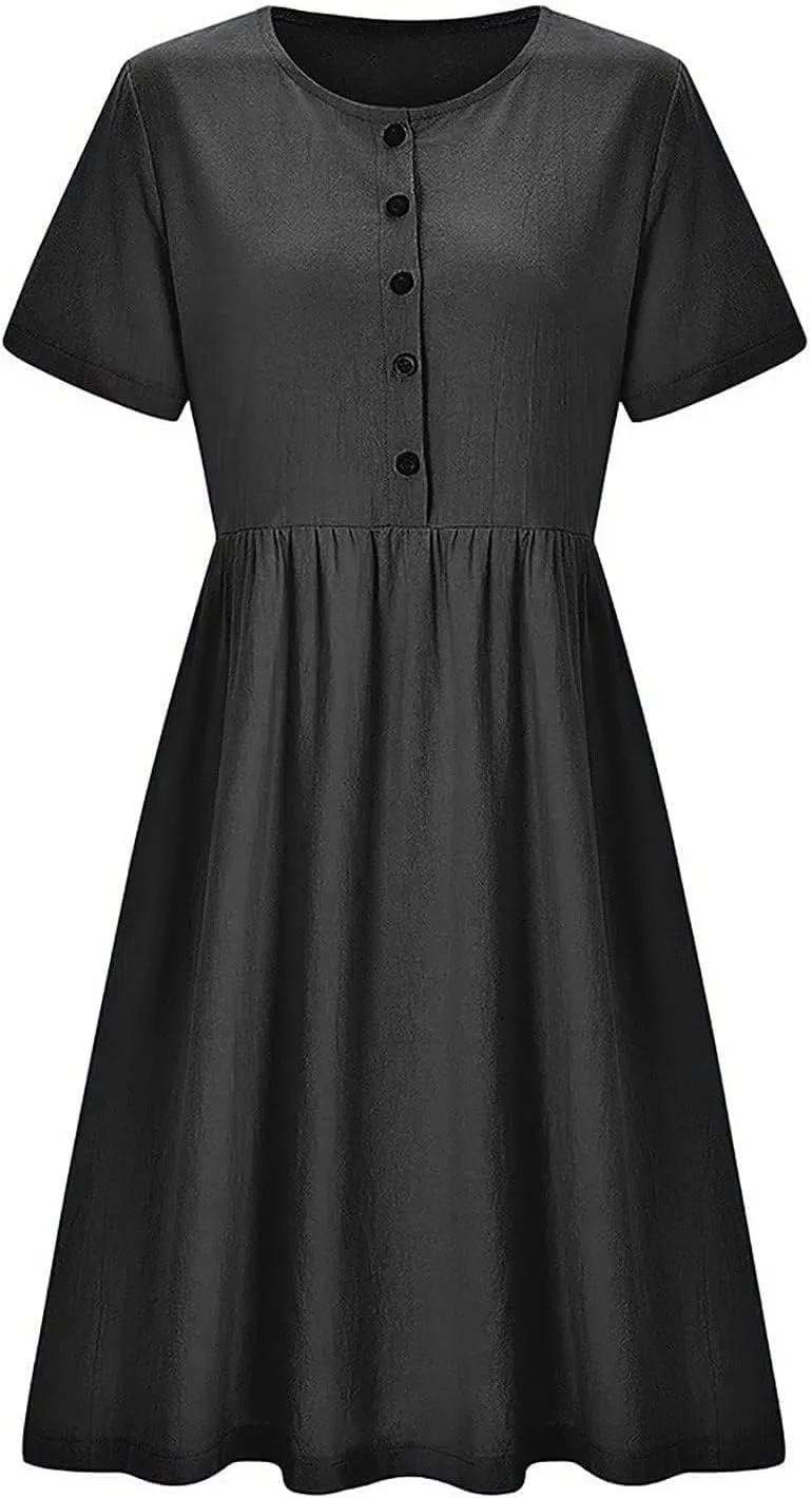 Womens Cotton Linen Midi Dress Button Down Casual Loose Short Sleeve Crew Neck Slim Dresses Cute Beach Flowy Dresses