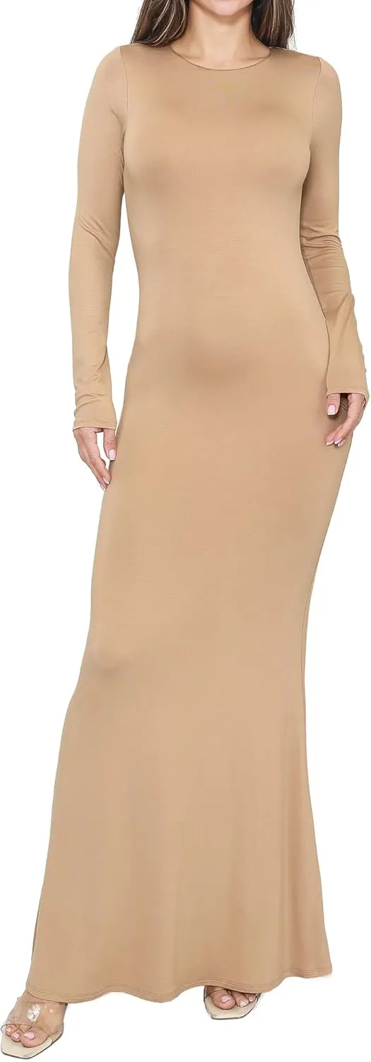 Womens Crew Neck Long Sleeve Maxi Dress Elegant Bodycon Mermaid Long Dress