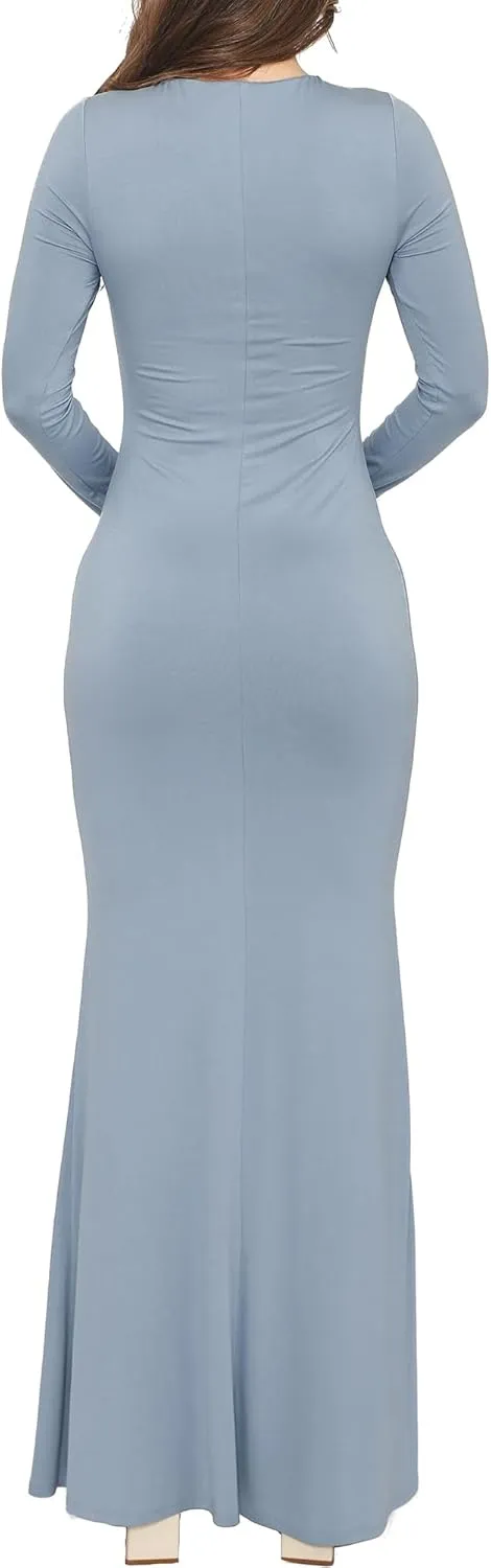 Womens Crew Neck Long Sleeve Maxi Dress Elegant Bodycon Mermaid Long Dress
