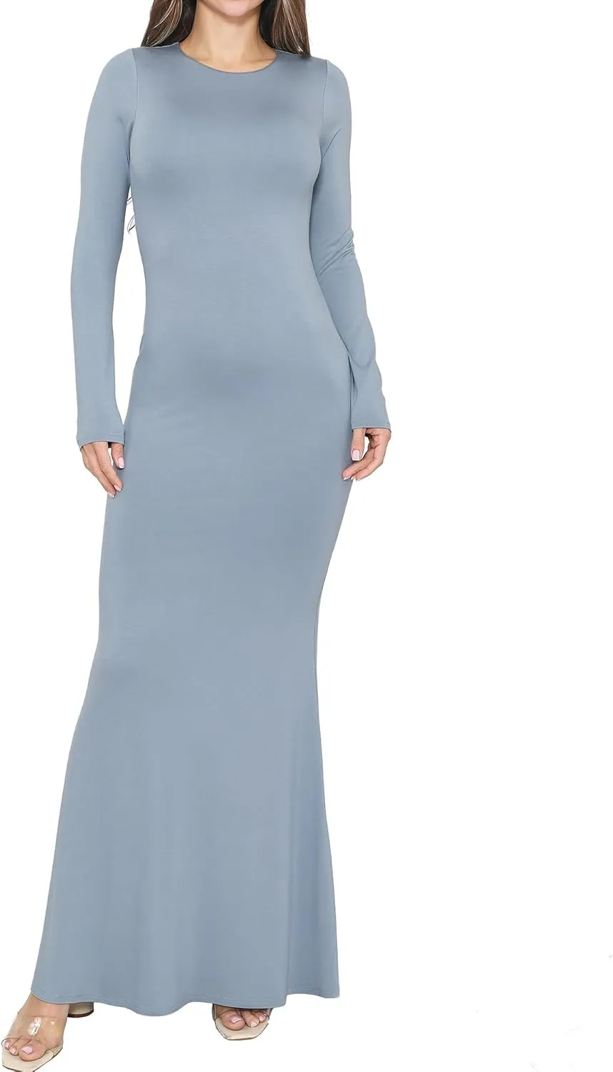 Womens Crew Neck Long Sleeve Maxi Dress Elegant Bodycon Mermaid Long Dress