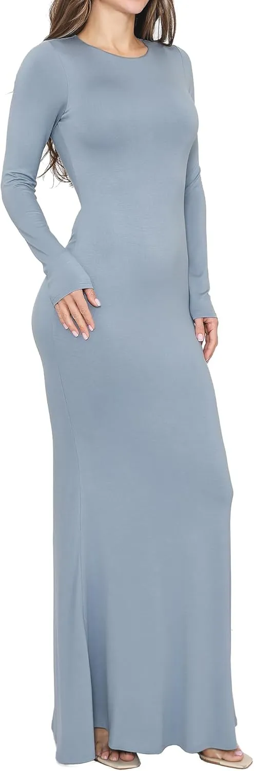Womens Crew Neck Long Sleeve Maxi Dress Elegant Bodycon Mermaid Long Dress