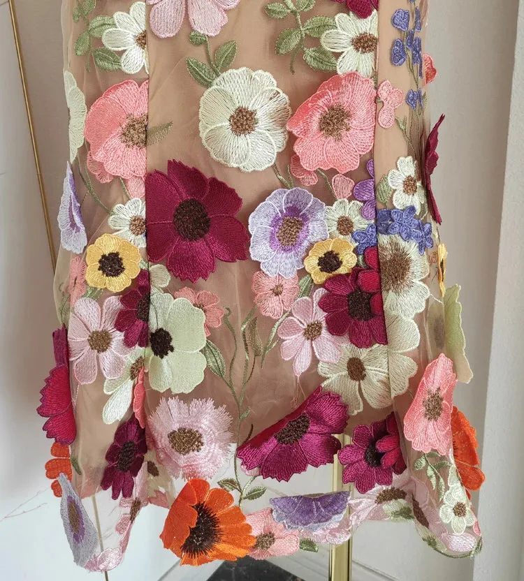 Women's Elegant Apricot Floral Embroidery Midi Dress
