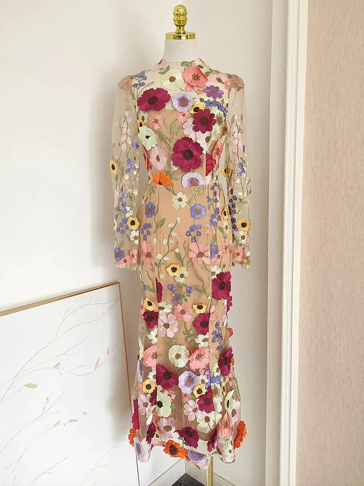 Women's Elegant Apricot Floral Embroidery Midi Dress