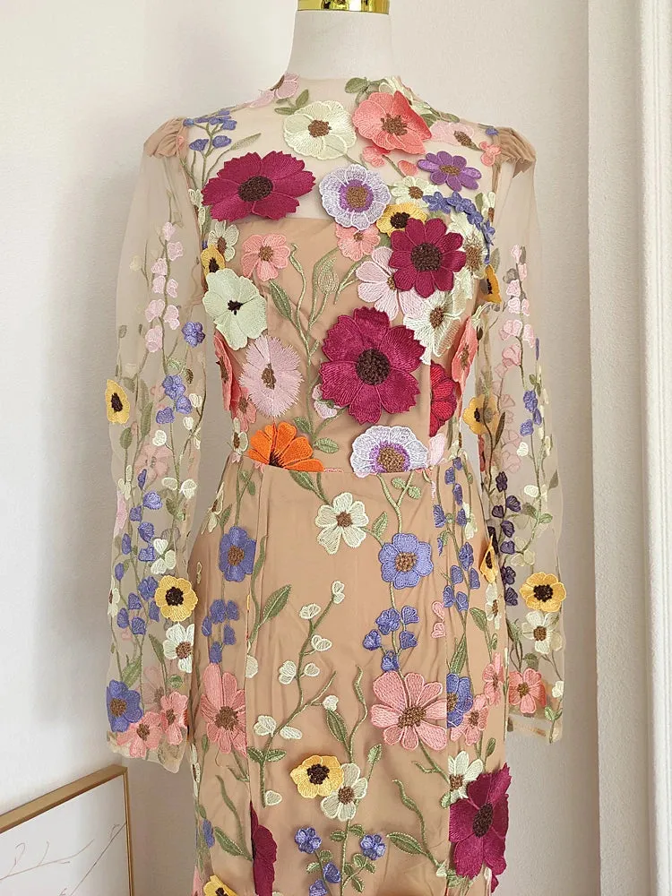 Women's Elegant Apricot Floral Embroidery Midi Dress