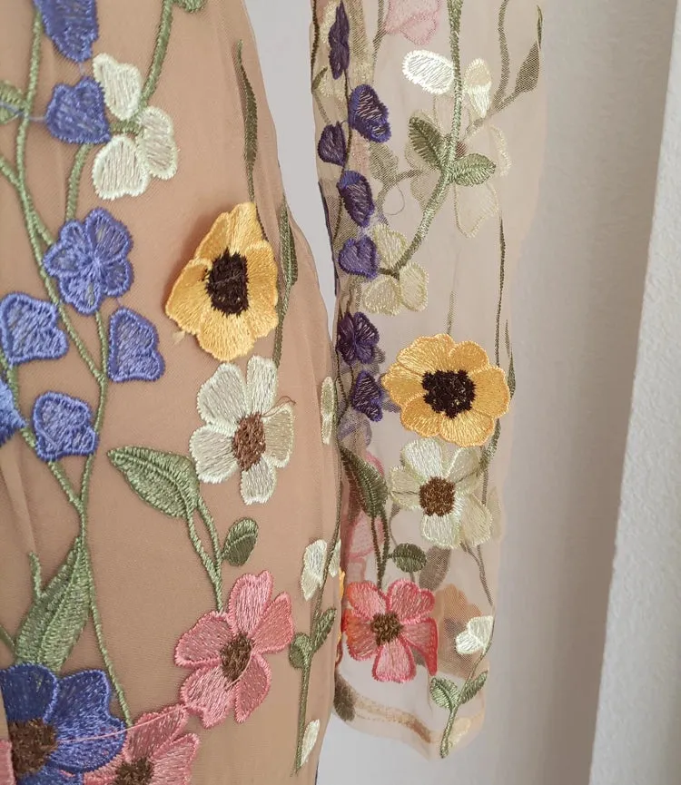 Women's Elegant Apricot Floral Embroidery Midi Dress