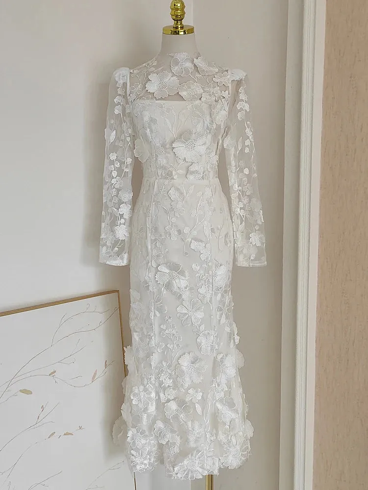 Women's Elegant Apricot Floral Embroidery Midi Dress