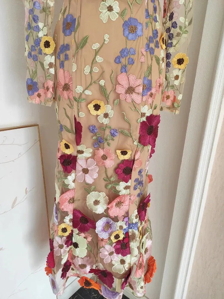 Women's Elegant Apricot Floral Embroidery Midi Dress
